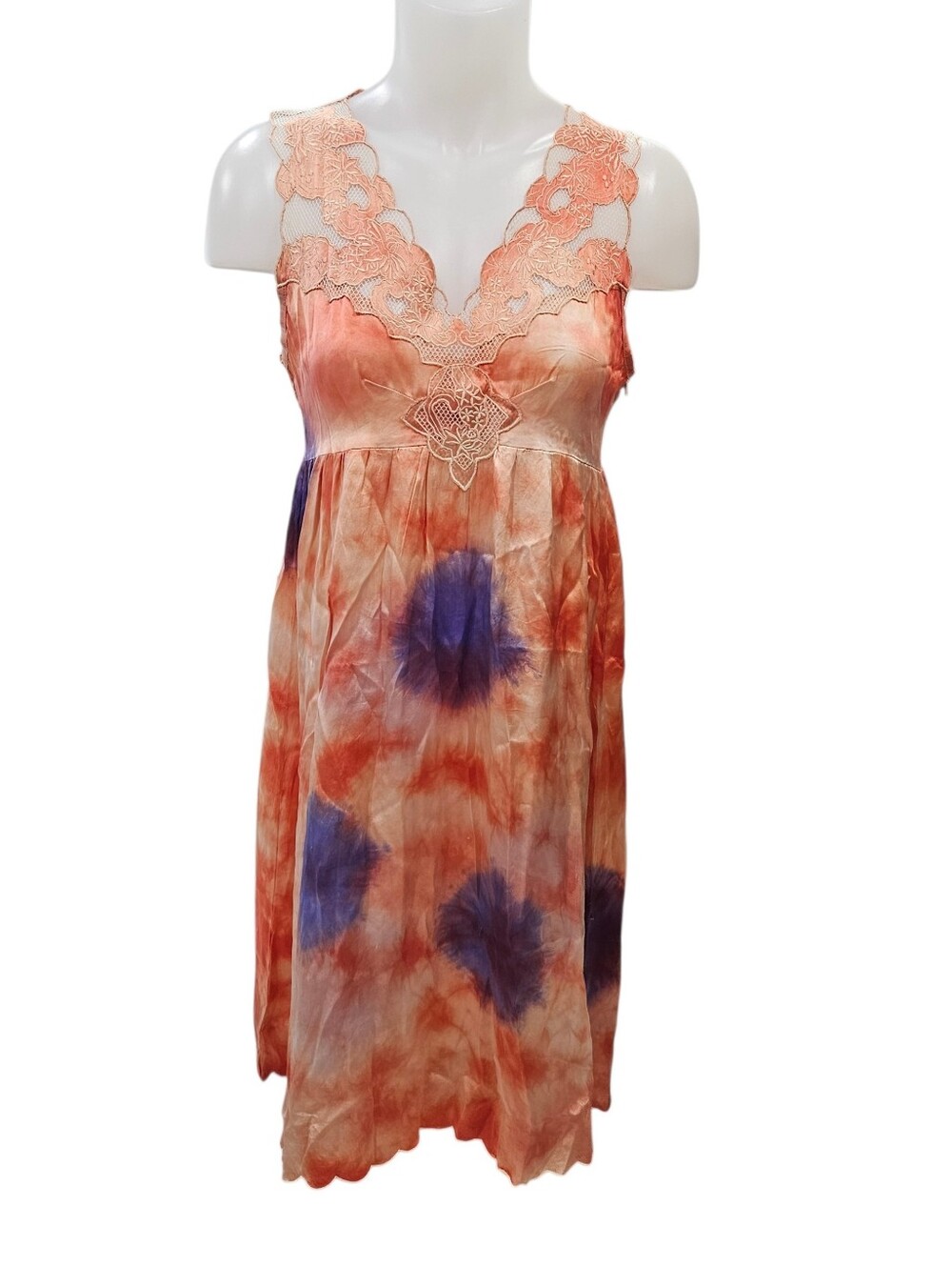 We Are Replay Silk Slip Dress Coral Applique Purple Tie Dye Scallop Mesh Boho
